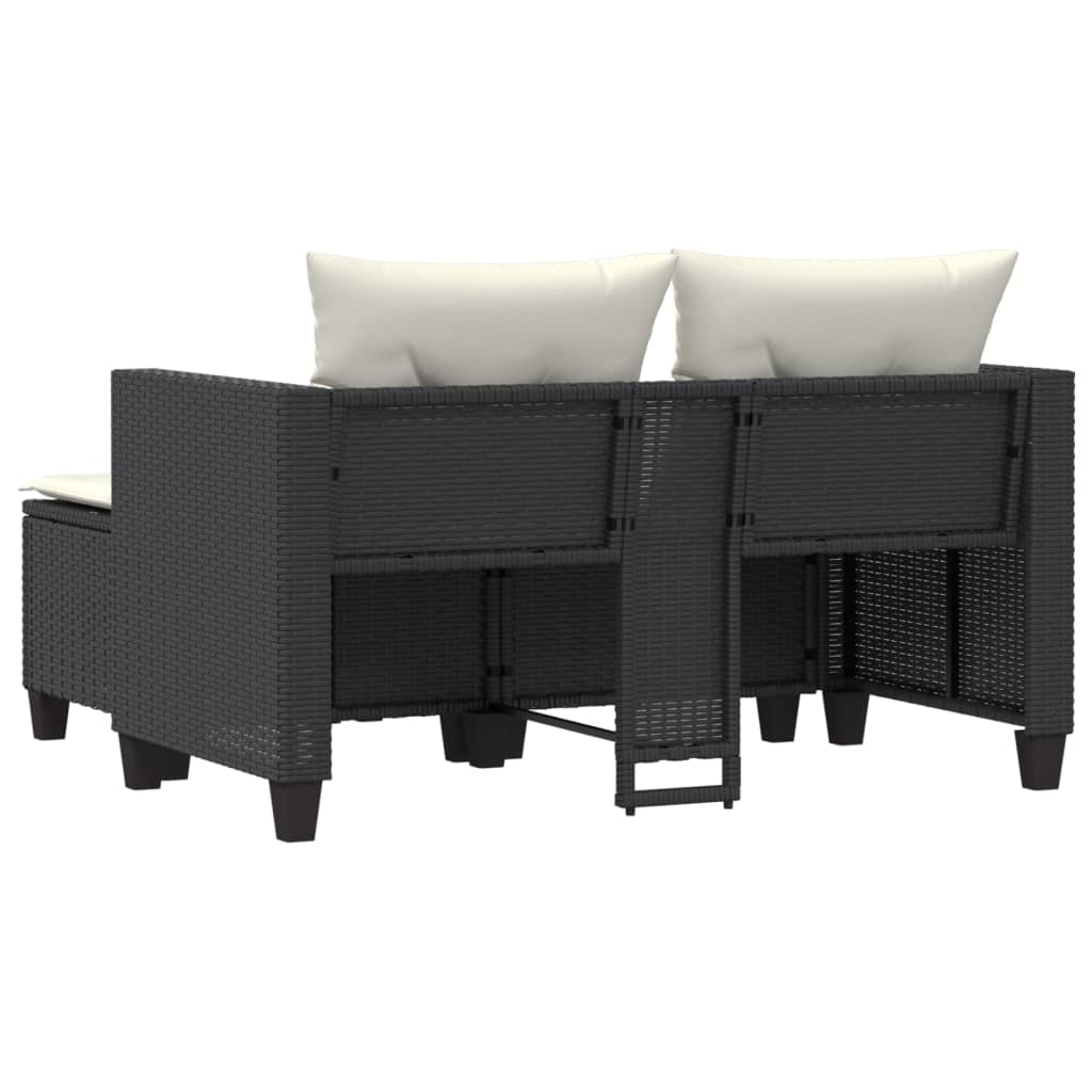 Dvivietė sodo sofa su taburetėmis, juodos spalvos, poliratanas - Namų Idėja