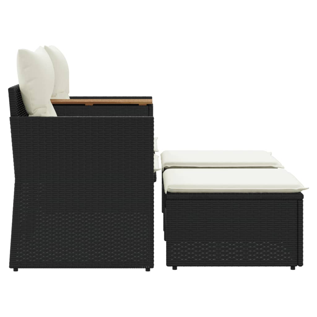 Dvivietė sodo sofa su taburetėmis, juodos spalvos, poliratanas - Namų Idėja