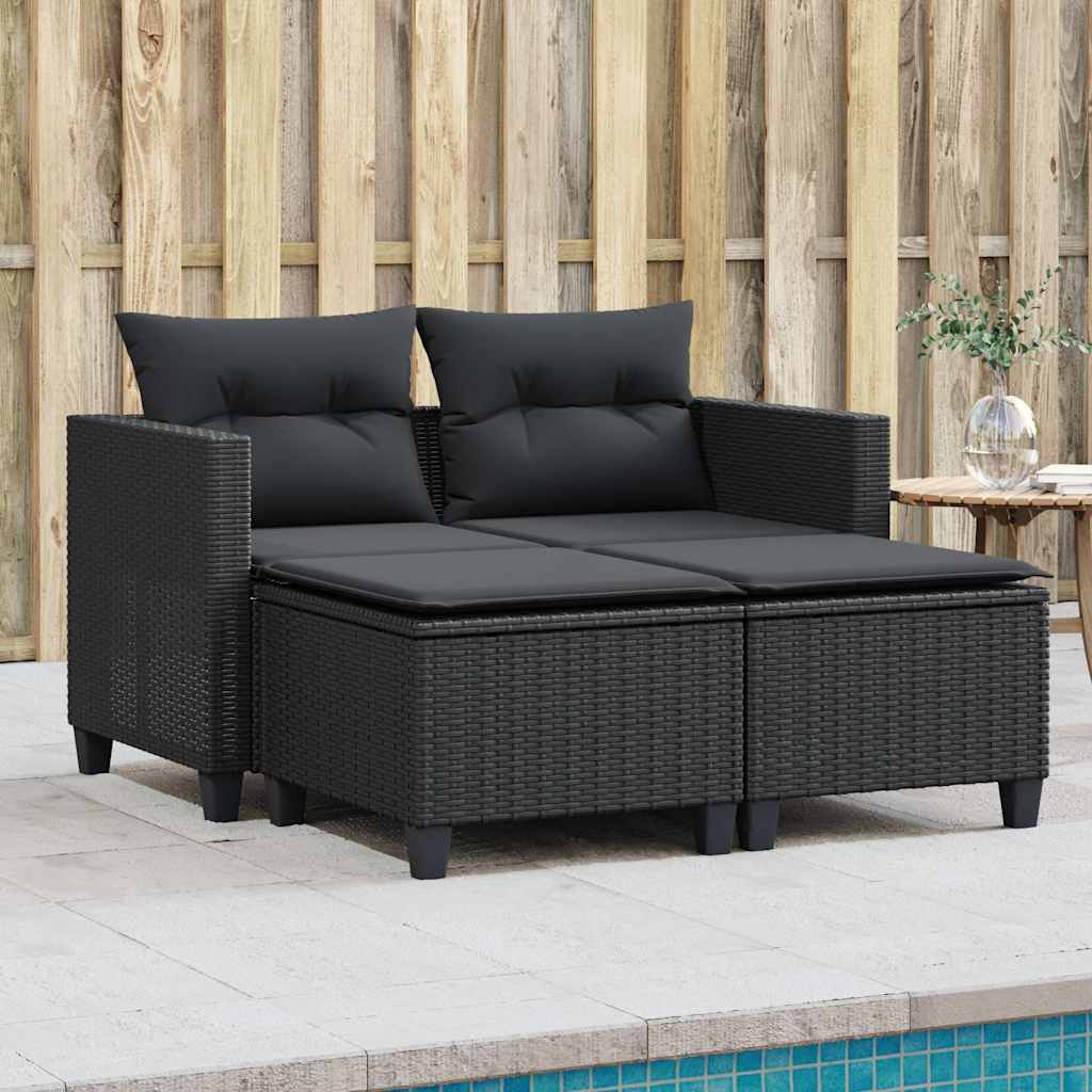 Dvivietė sodo sofa su taburetėmis, juodos spalvos, poliratanas - Namų Idėja
