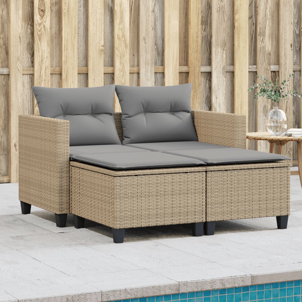 Dvivietė sodo sofa su taburetėmis, smėlio spalvos, poliratanas - Namų Idėja
