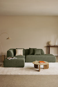 Modulinė kampinė sofa KARDENA su dešiniuoju gultu ir pufu, šalavijo žalios spalvos boucle