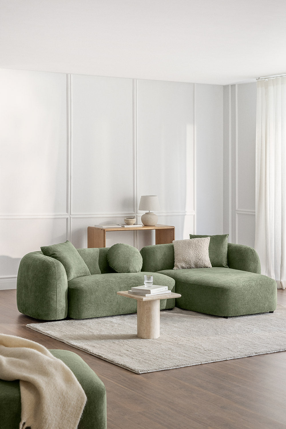Modulinė sofa KOKONA su dešiniuoju gultu, šalavijo žalios spalvos šenilas, 284 cm