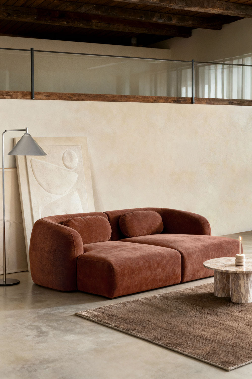 Modulinė sofa KOKETERA, rūdžių spalvos šenilas, 2 dalys su gultu