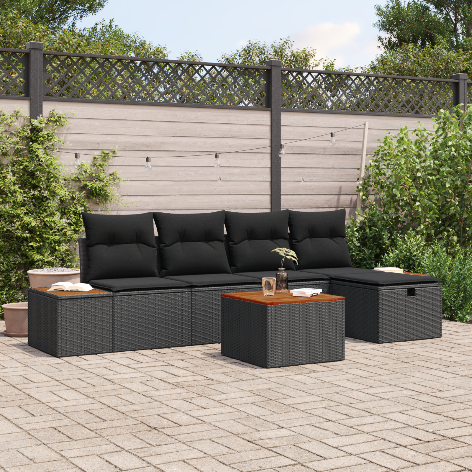 Sodo Sofų Rinkinys su pagalve 6 pcs Juoda Poli ratanas