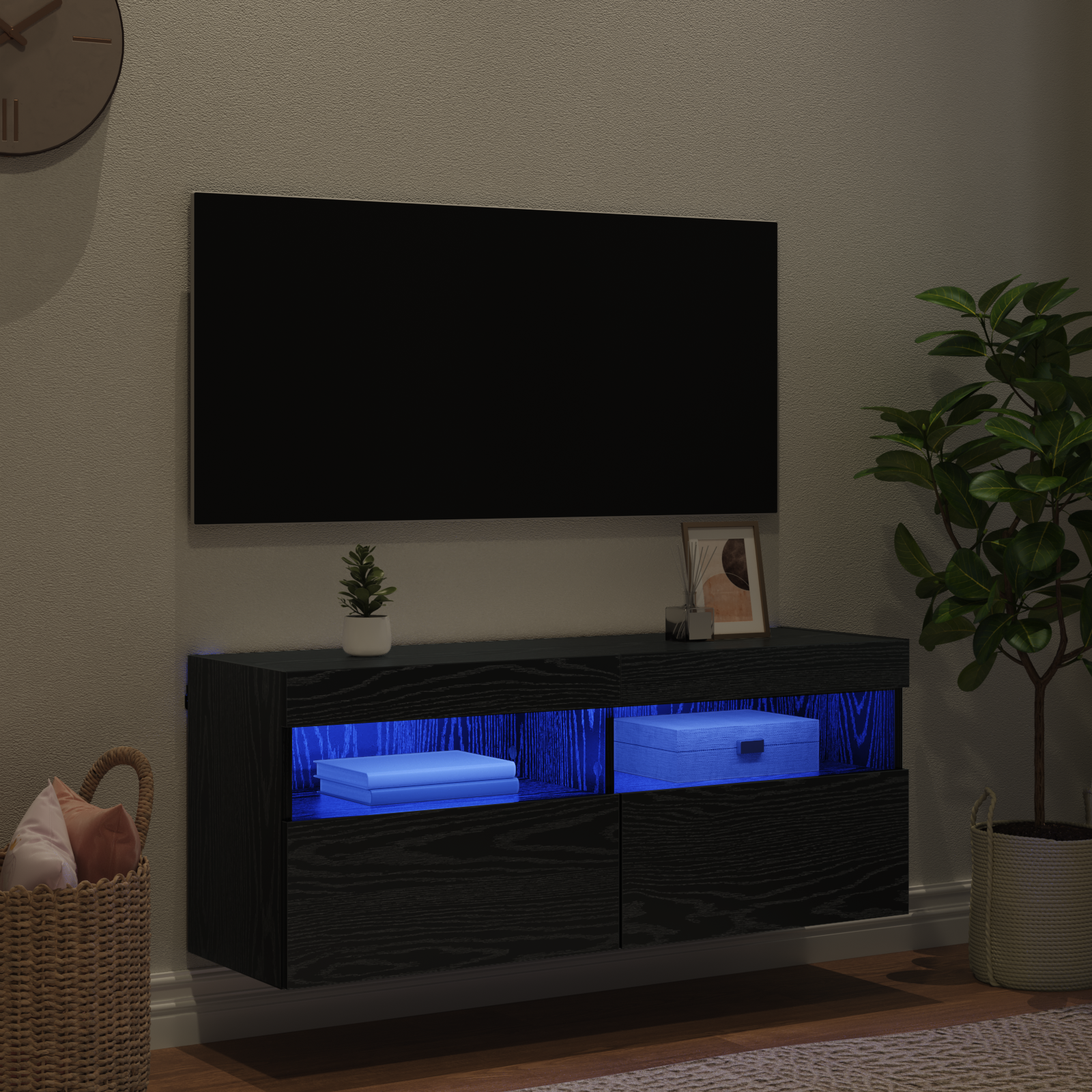 TV sieninė spintelė su LED Juodas ąžuolas 100 x 30 x 40 cm