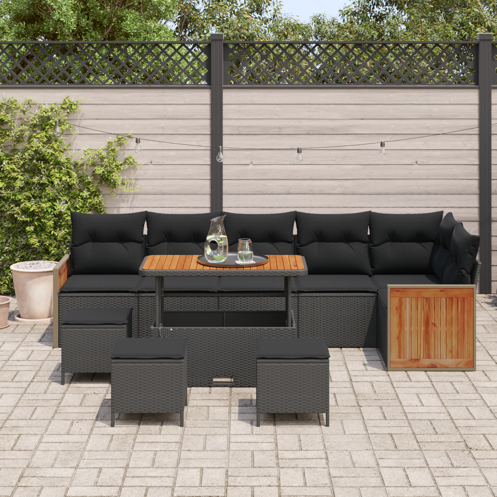 10 dalių sodo sofa su pagalvėmis Juoda Poli ratanas Akacija