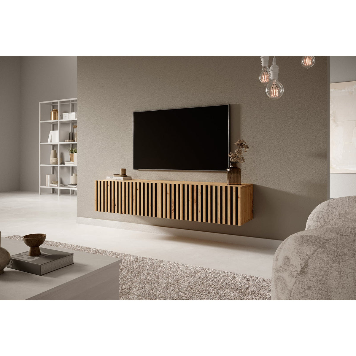 TV spintelė LORCAN, 138,6 cm, ąžuolas+juoda