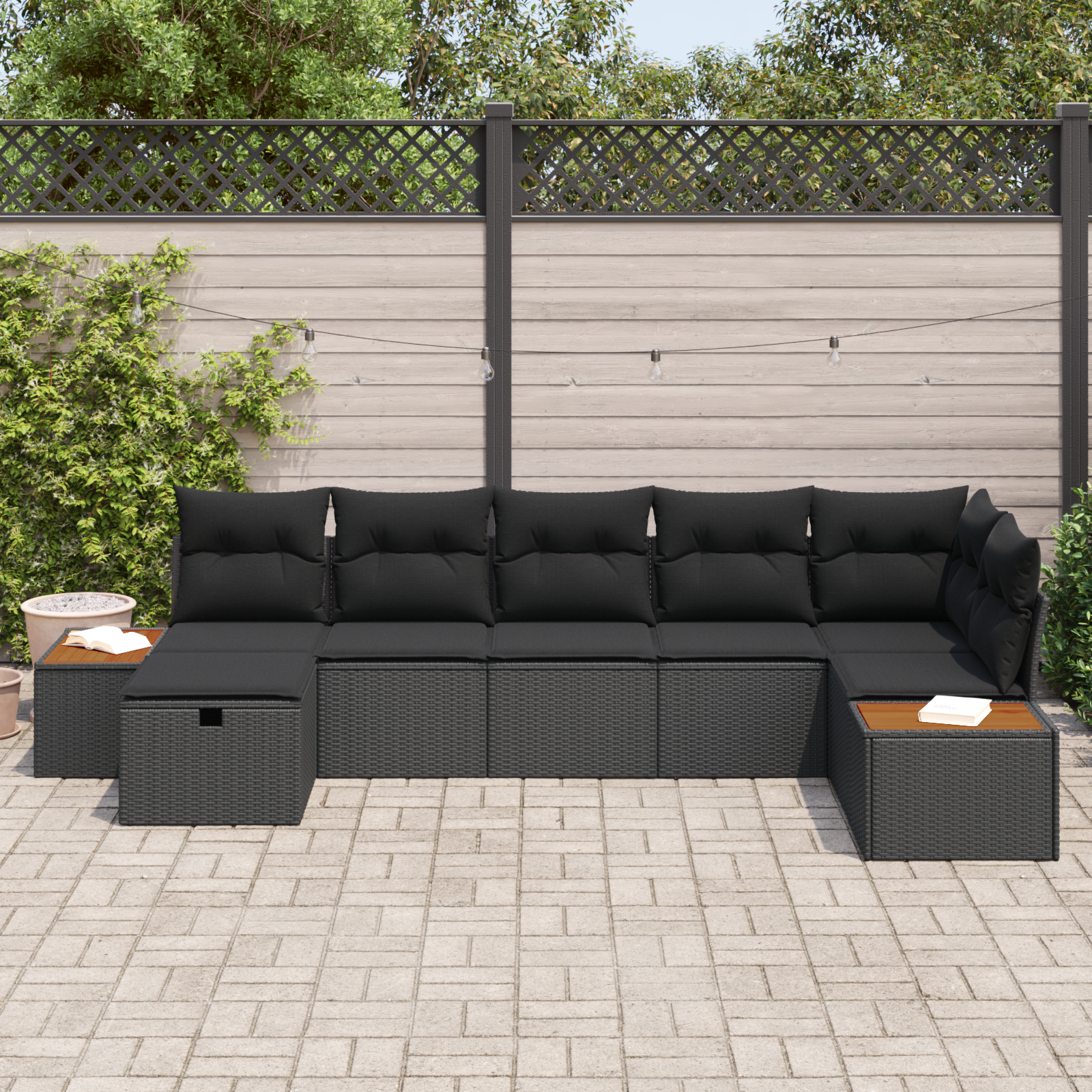 Sodo Sofų Rinkinys su pagalve 7 pcs Juoda Poli ratanas