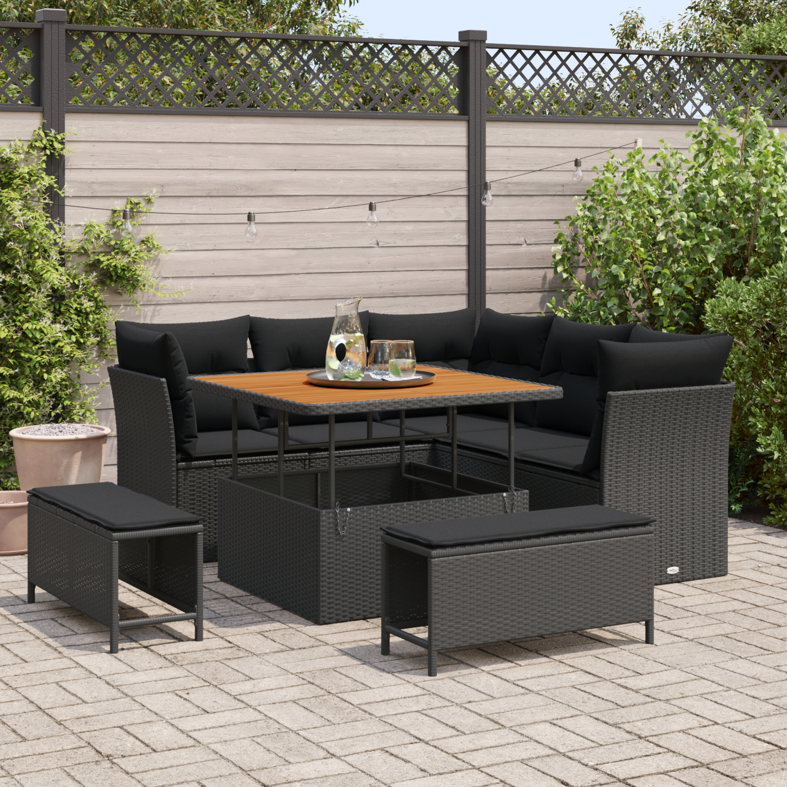 Sodo Sofų Rinkinys su pagalve su saugykla 8 pcs Juoda
