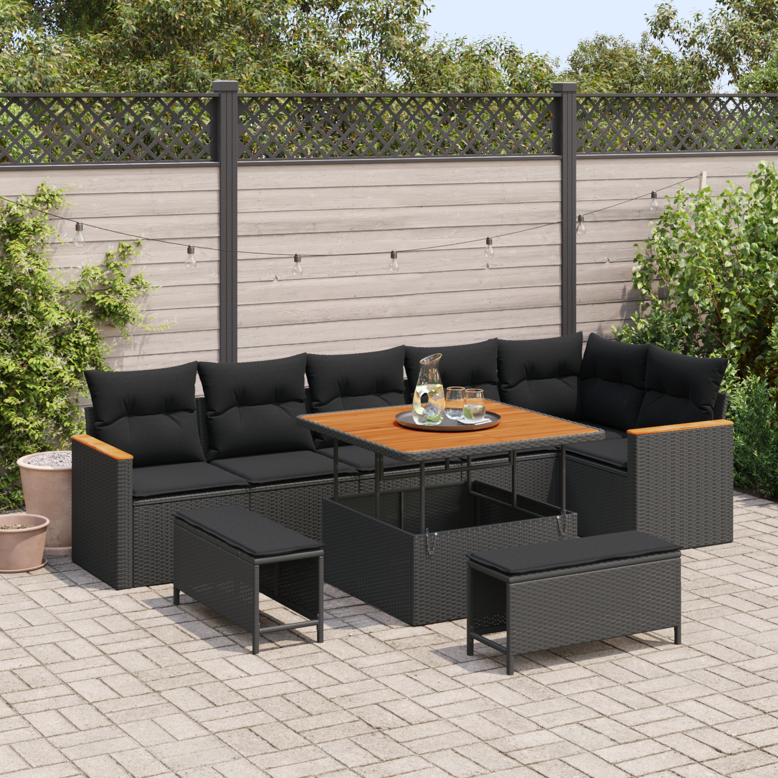 Sodo Sofų Rinkinys su pagalve 9 pcs Juoda Poli ratanas