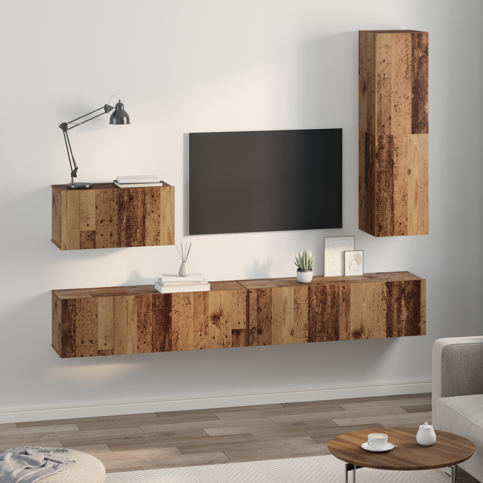 TV spintelės komplektas su lentyna 4 pcs Sena mediena Vidutinė