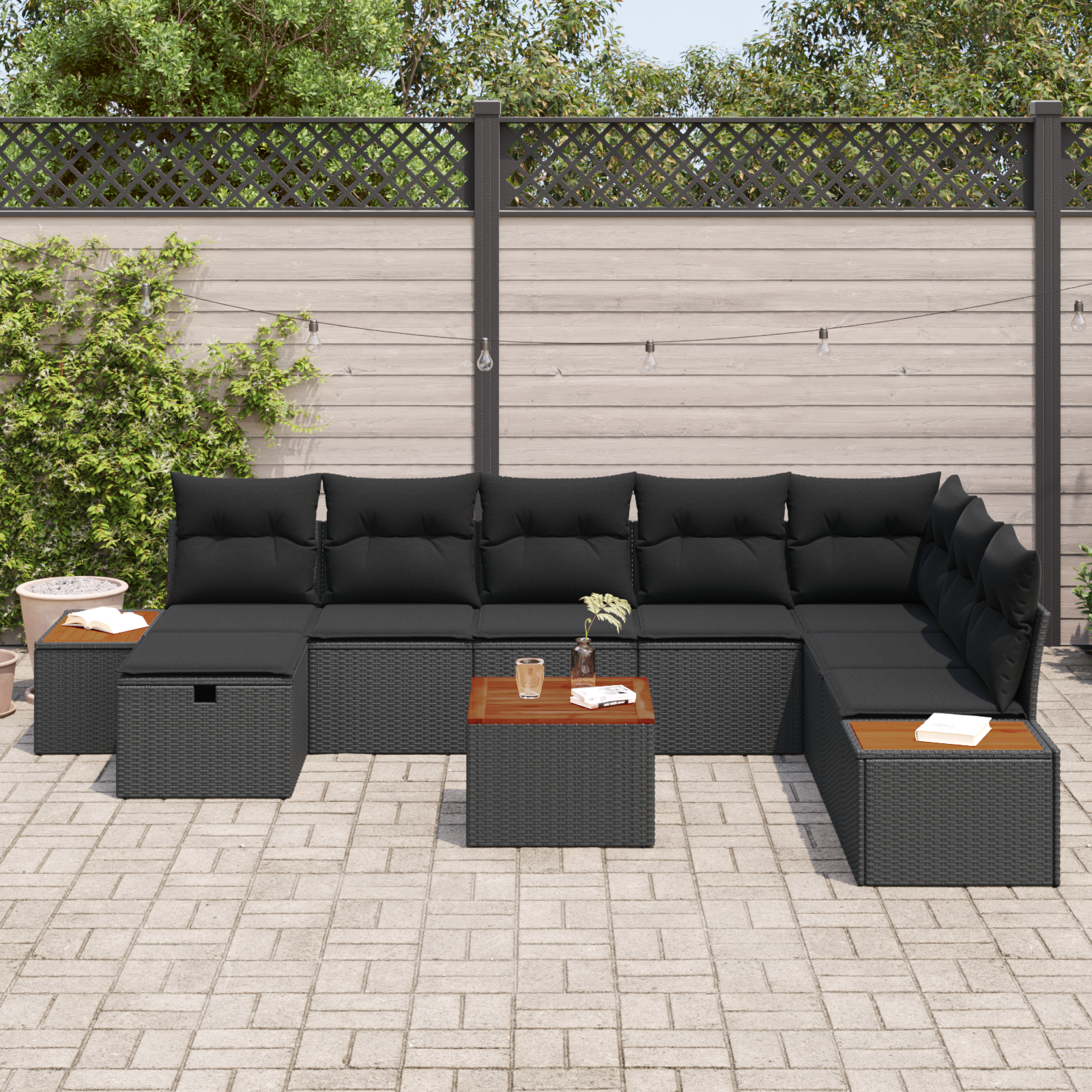 Sodo Sofų Rinkinys su pagalve 9 pcs Juoda Poli ratanas