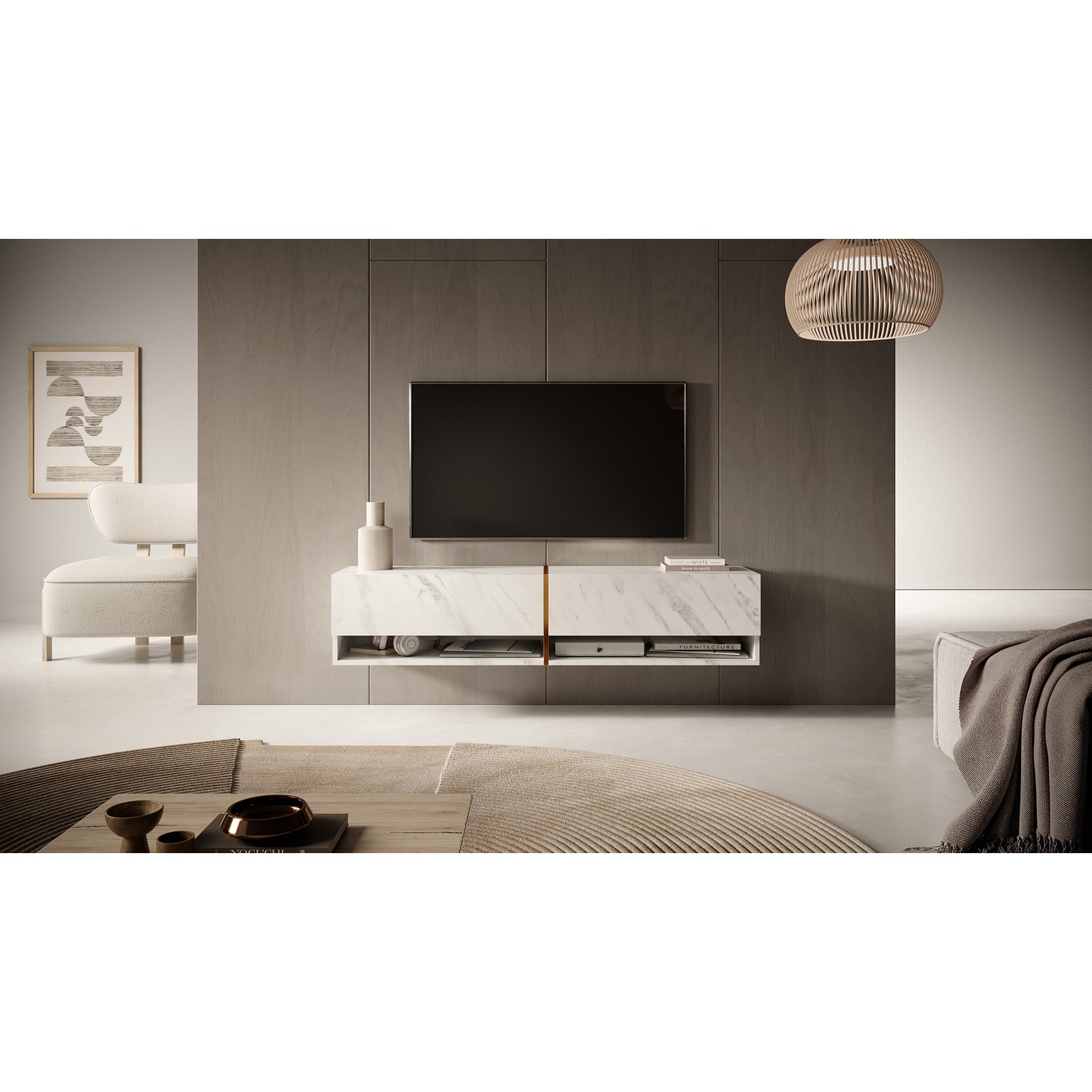 TV staliukas MIRRGO, balto marmuro, 140 cm