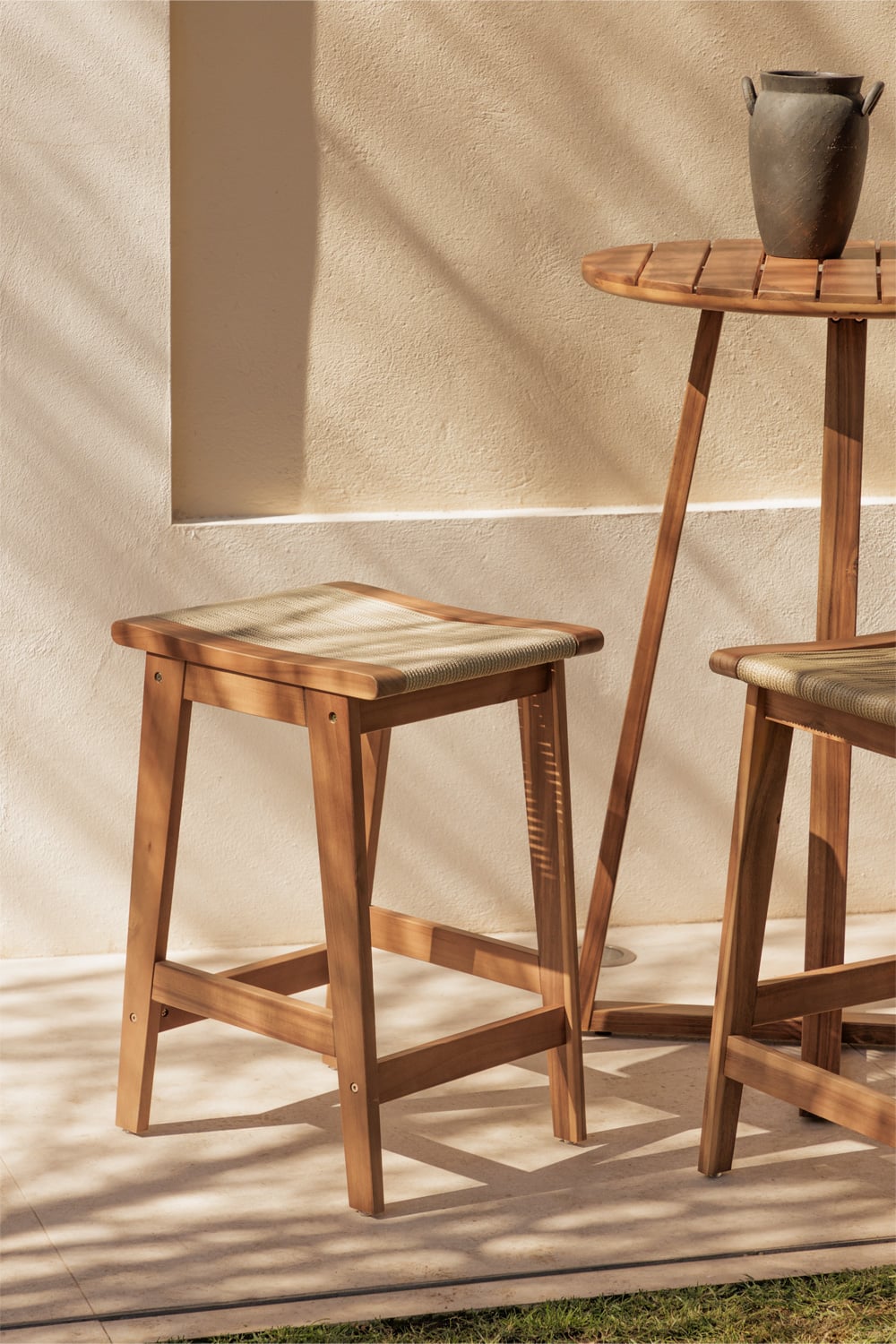 Outdoor bar stool TENAY, acacia wood, wheat brown