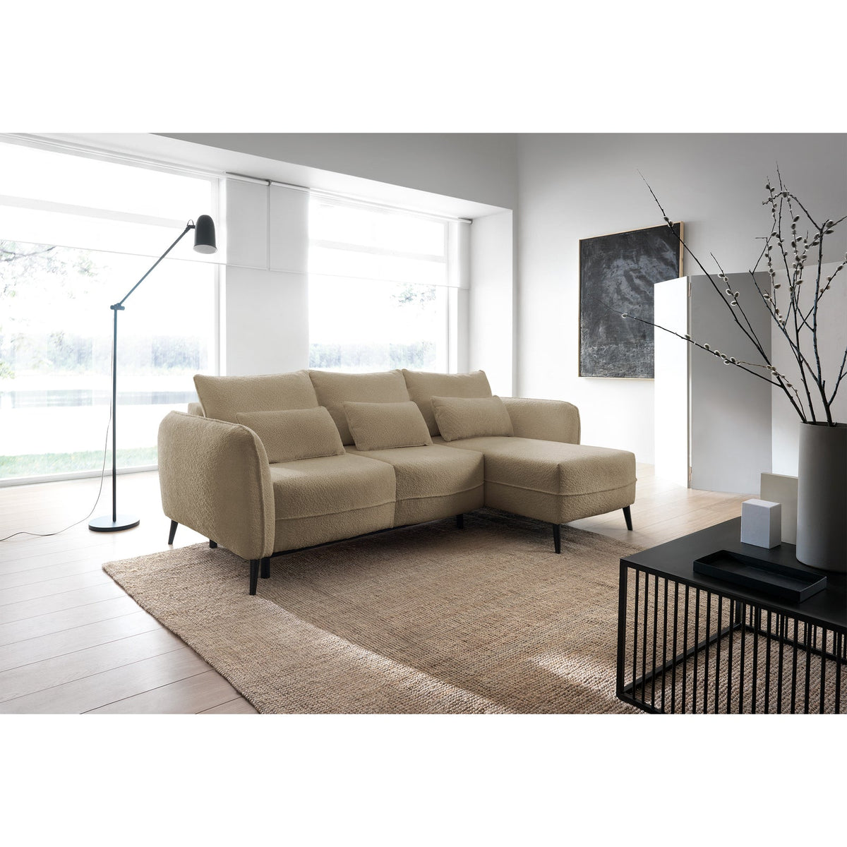 Kampinė sofa MILA, smėlinė, dešinė – užpakalinė dalis