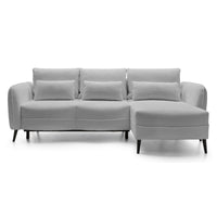 Kampinė sofa MILA, šviesiai pilka bouclé – medžio tekstūros detalė