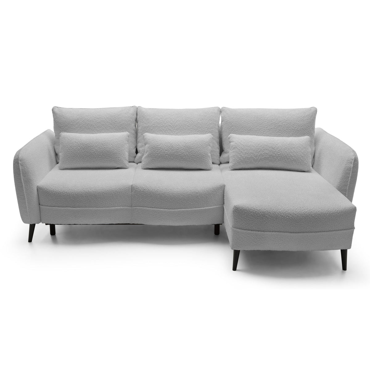 Kampinė sofa MILA, šviesiai pilka bouclé – metalo detalė
