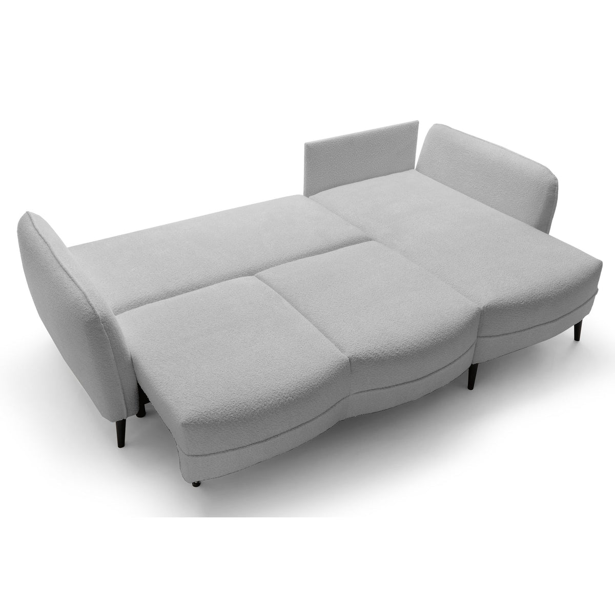 Kampinė sofa MILA, šviesiai pilka bouclé – blizgaus paviršiaus detalė