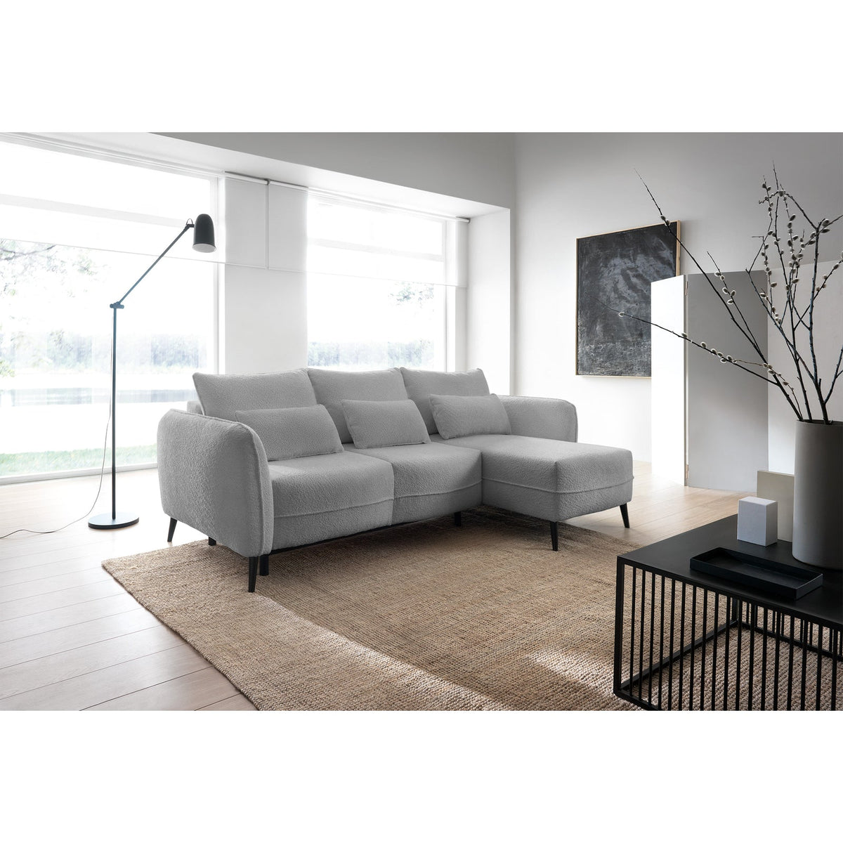 Kampinė sofa MILA, šviesiai pilka bouclé