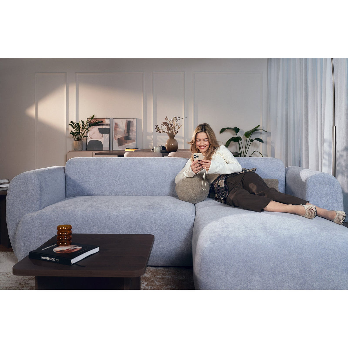 Kampinė sofa-lova EMIA, žydra, dešinė