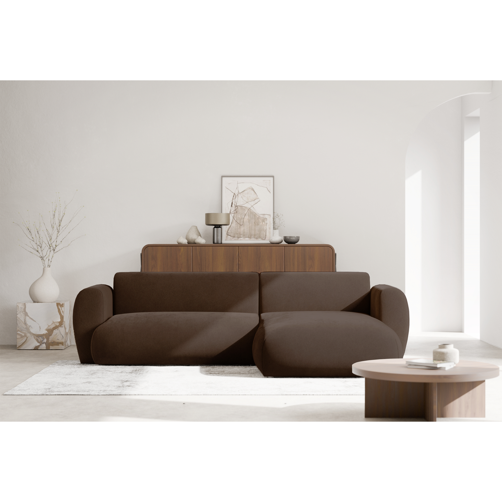 Kampinė sofa-lova EMIA, ruda, dešinė