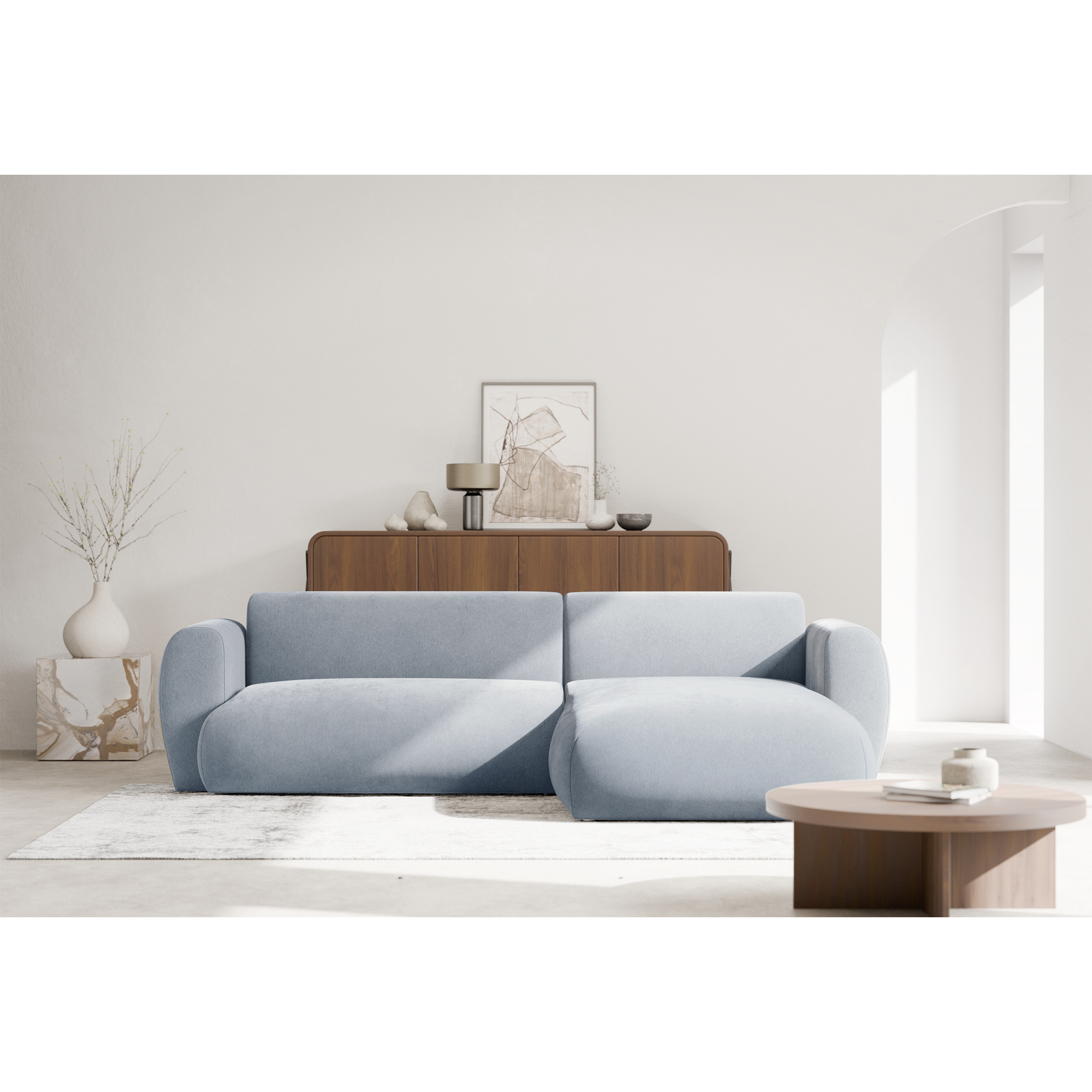Kampinė sofa-lova EMIA, žydra, dešinė