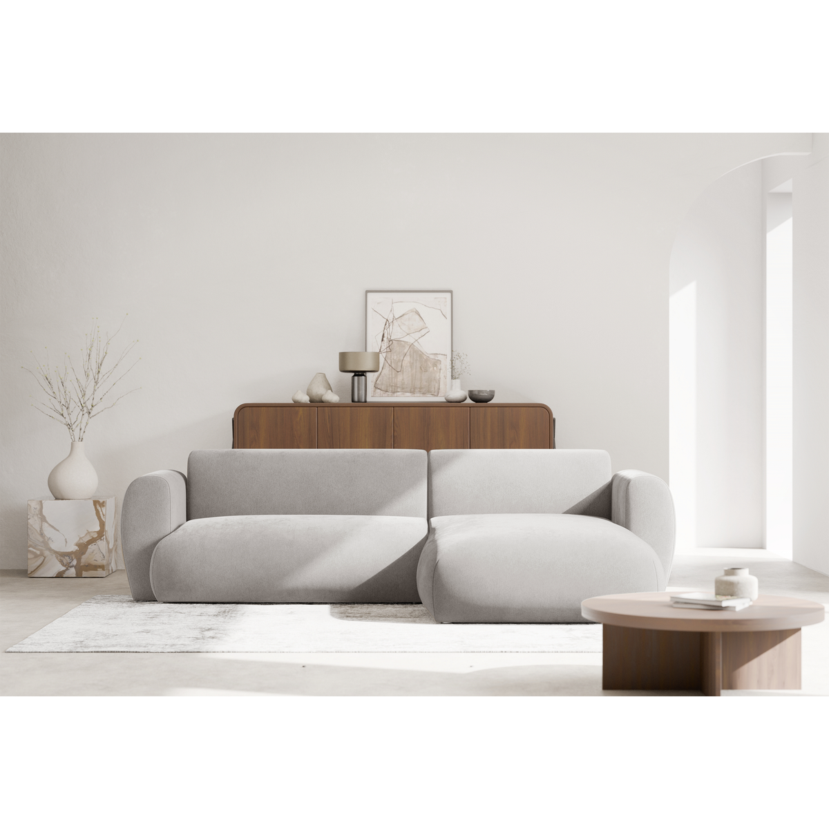 Kampinė sofa-lova EMIA, šviesiai pilka, dešinė