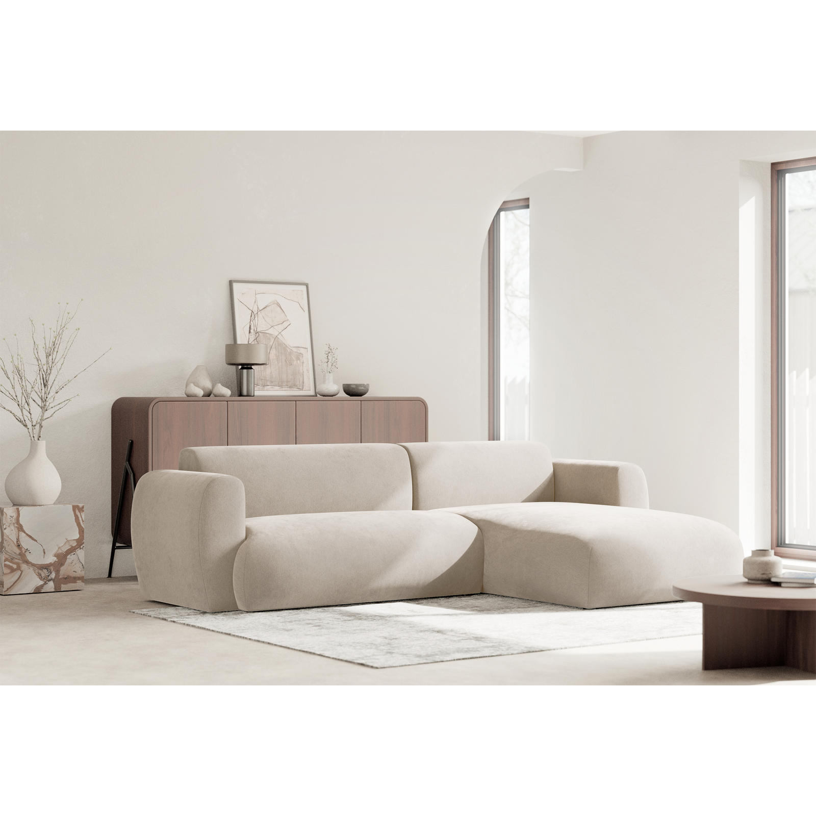 Kampinė sofa-lova EMIA, smėlinė, dešinė