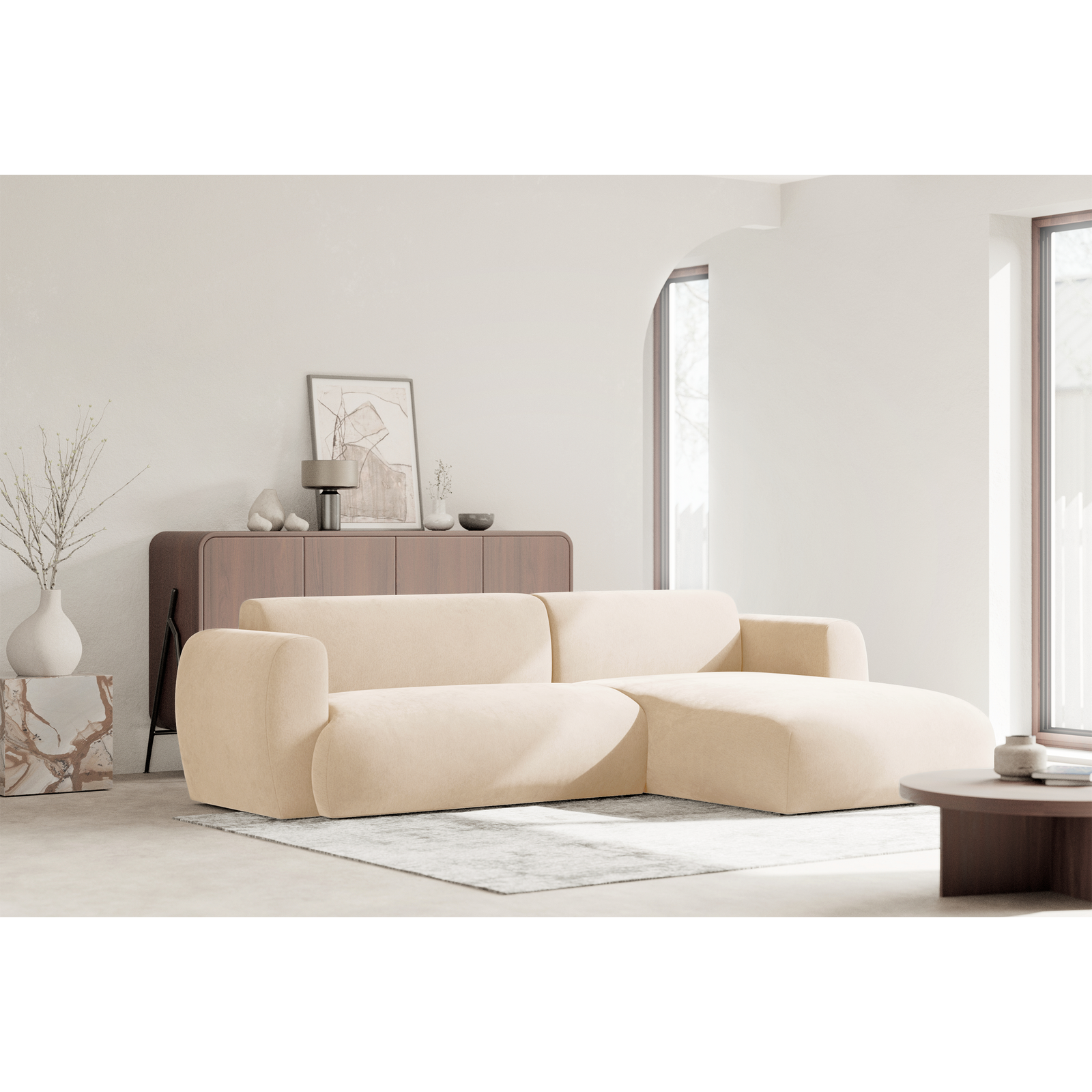 Kampinė sofa-lova EMIA, šviesiai smėlinė, dešinė