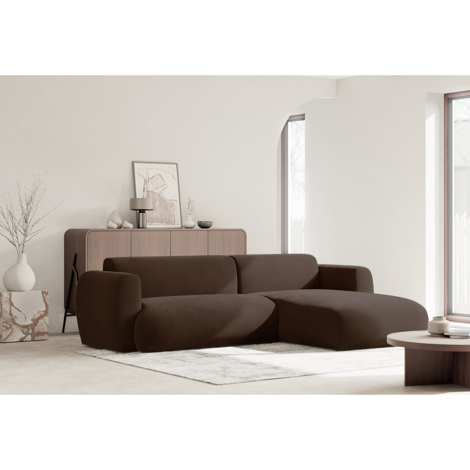 Kampinė sofa-lova EMIA, ruda, dešinė