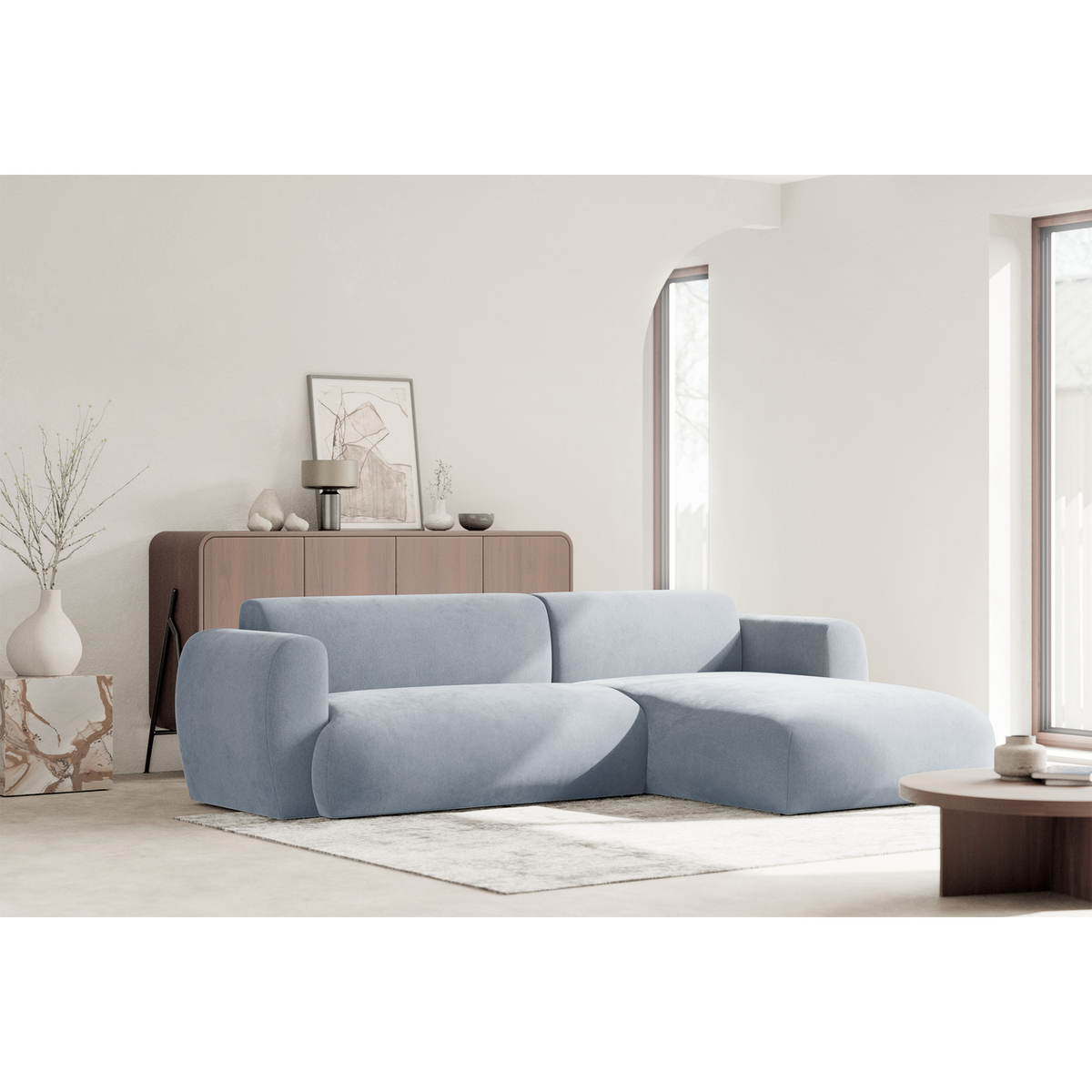 Kampinė sofa-lova EMIA, žydra, dešinė