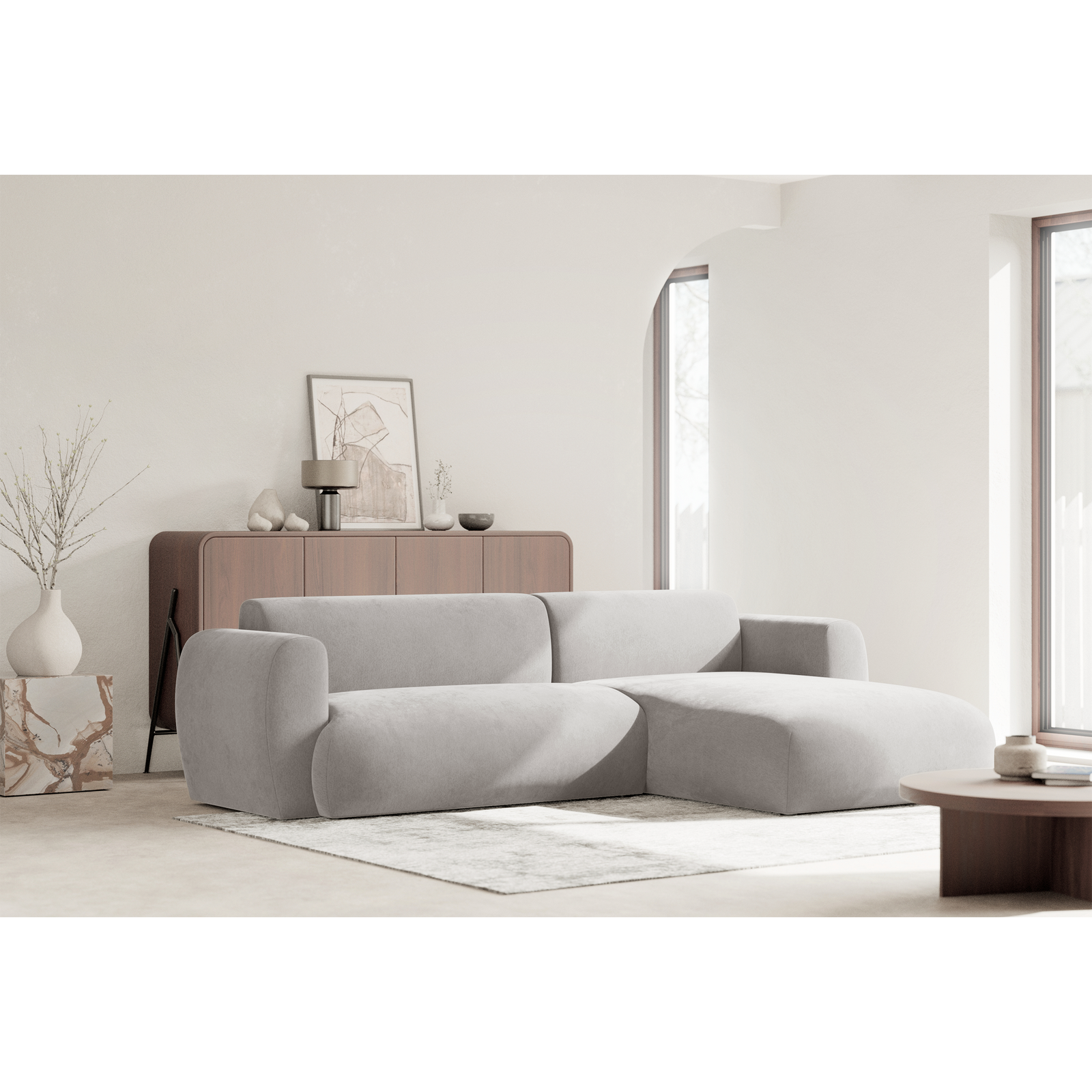 Kampinė sofa-lova EMIA, šviesiai pilka, dešinė