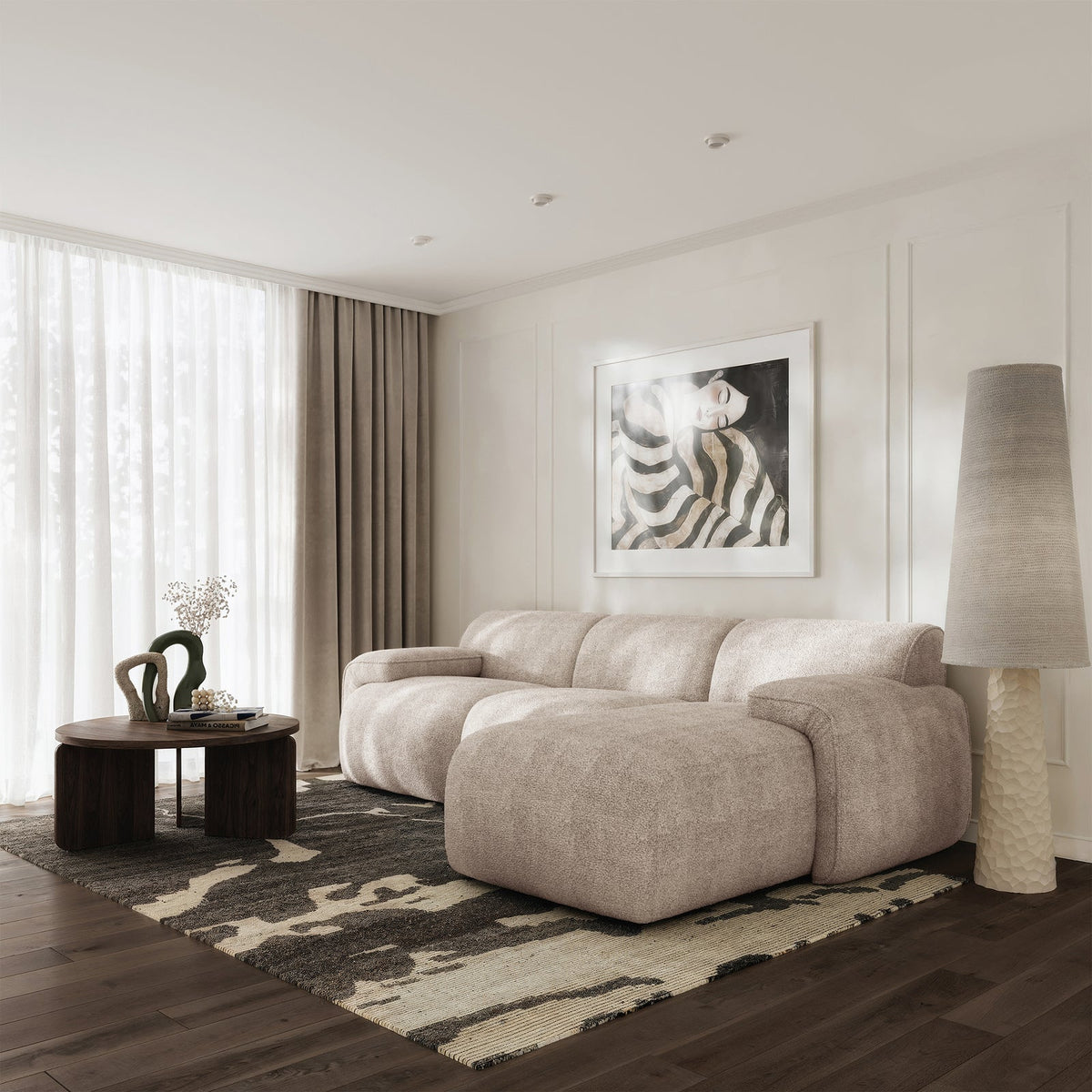 Kampinė sofa-lova HUGGLI, pilkai smėlinė, dešinė