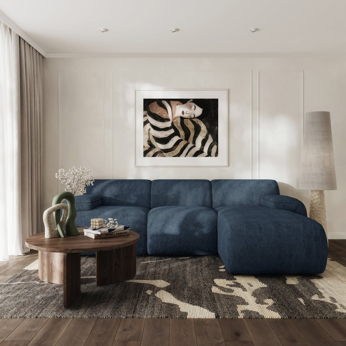 Kampinė sofa-lova HUGGLI, tamsiai mėlyna, dešinė