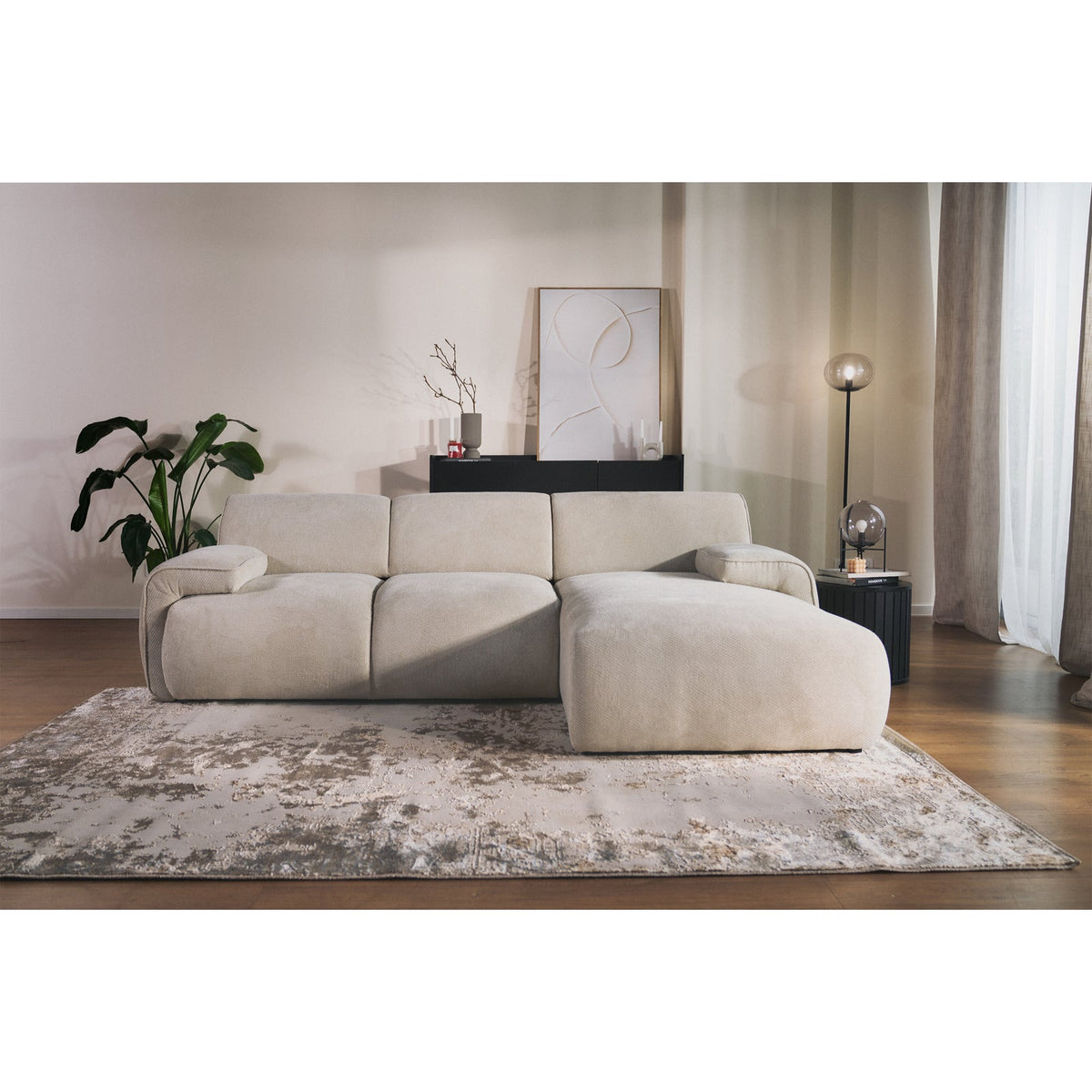 Kampinė sofa-lova HUGGLI, pilkai smėlinė, dešinė