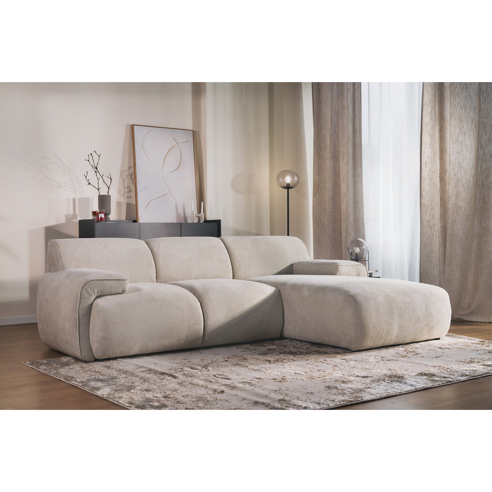 Kampinė sofa-lova HUGGLI, pilkai smėlinė, dešinė