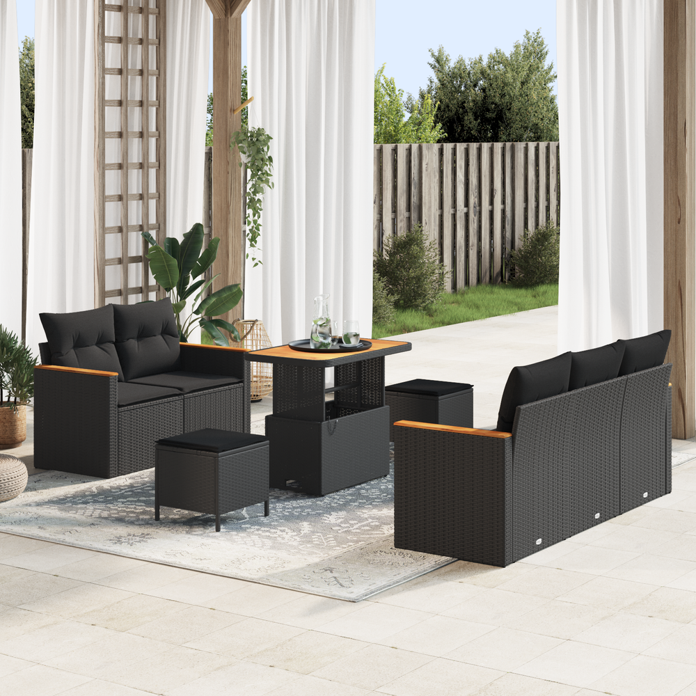 8-piece Garden Sofa Set with Cushions Black Poly Rattan Acacia