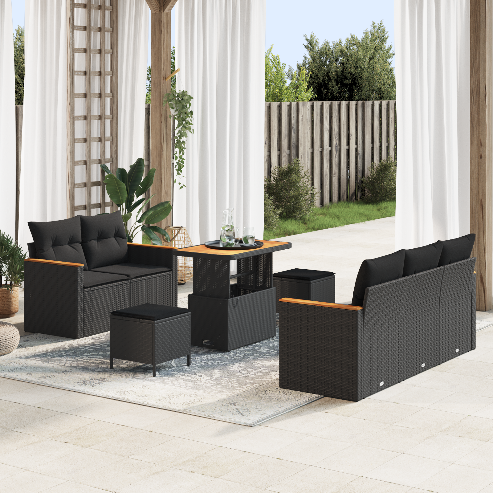 8 dalių sodo sofa rinkinys su pagalvėlėmis Juodas Poliratanas Akacija