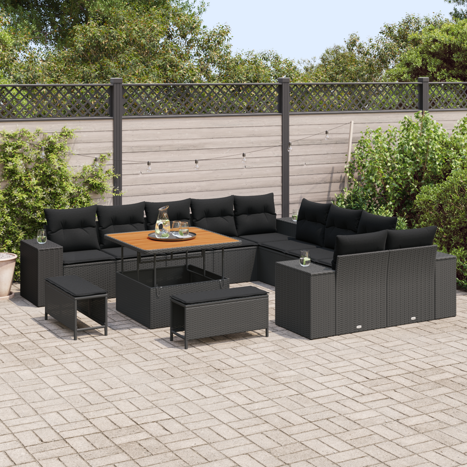 Sodo Sofų Rinkinys su pagalve su saugykla 13 pcs Juoda