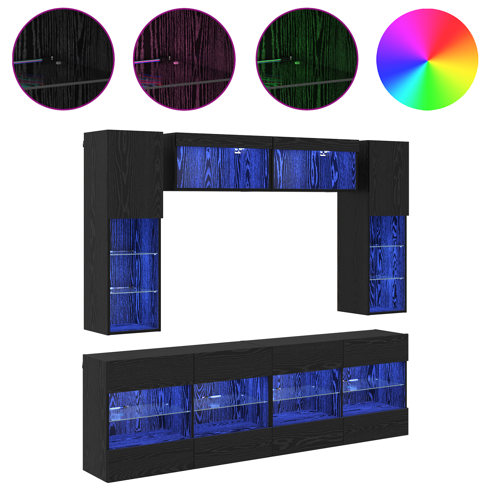 TV sieninio kabineto komplektas su LED 6 pcs Juodas Ąžuolas