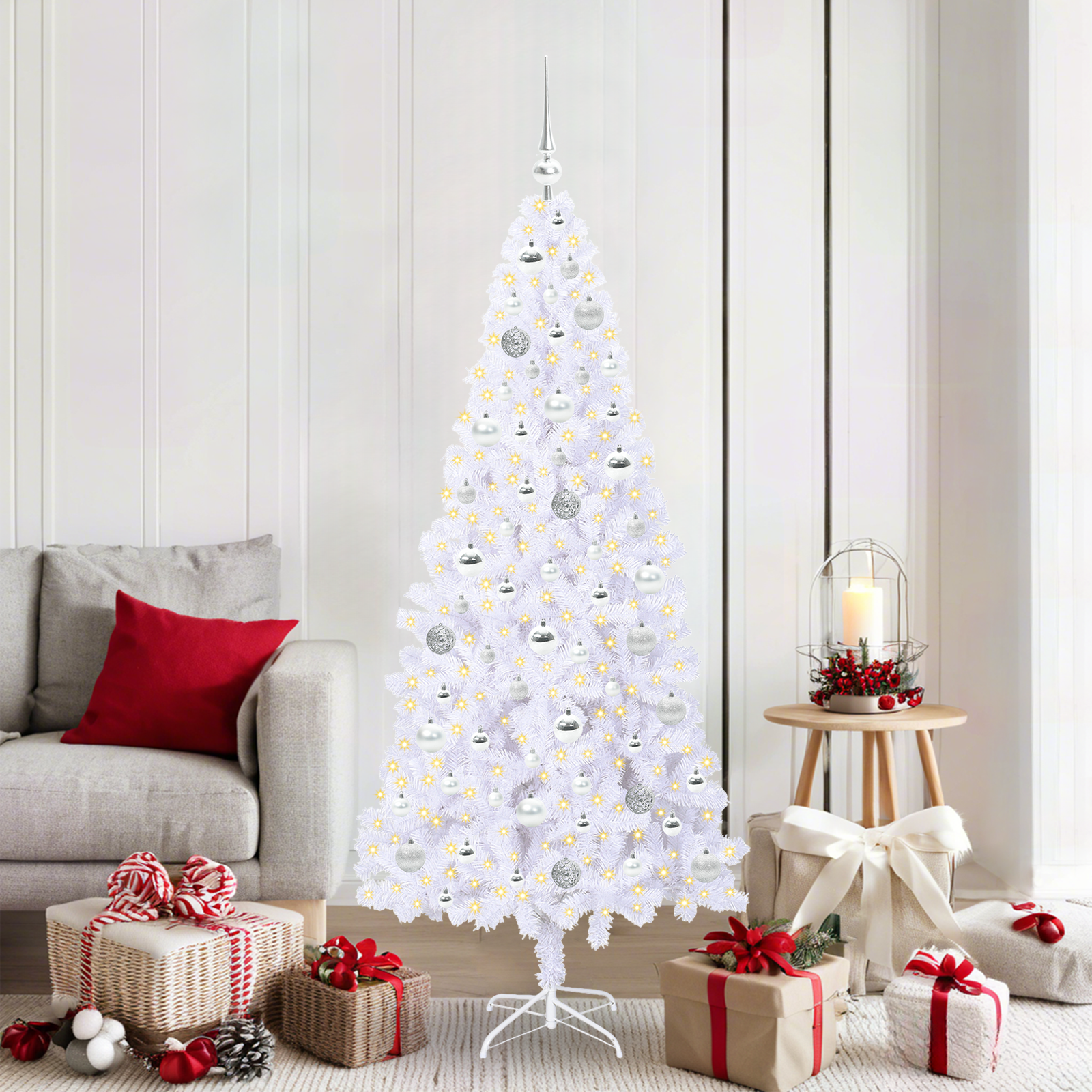 Mākslīgā Ziemassvētku eglīte ar 300 LED lampiņām, balta, 180 cm, PVC un tērauds