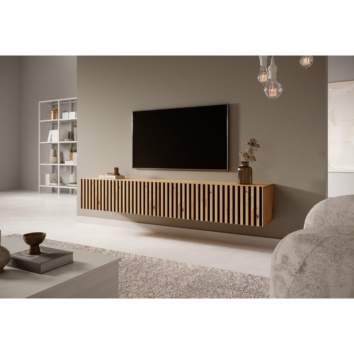 TV spintelė LORCAN, 175 cm, ąžuolas+juoda