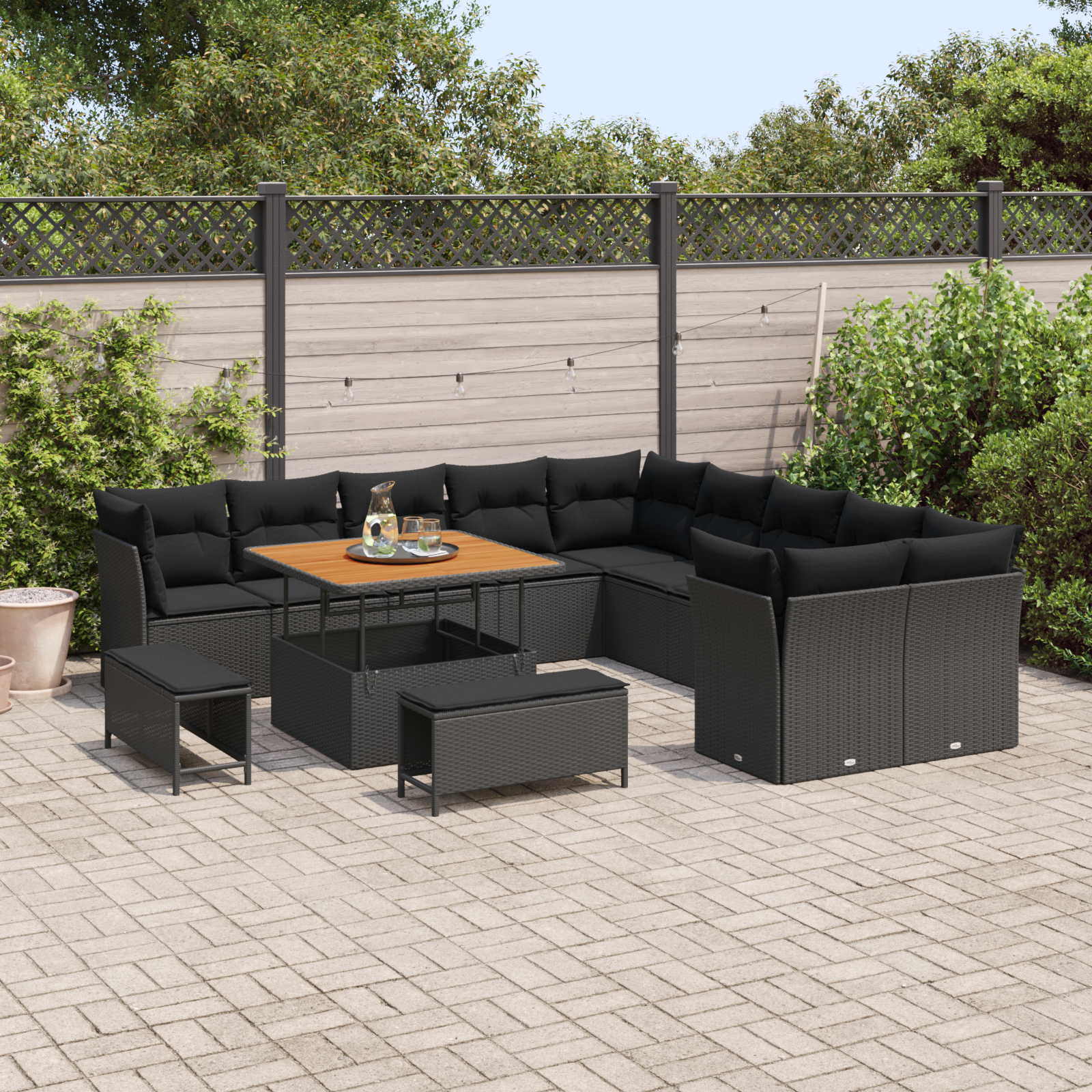 13 dalių sodo sofa komplektas su pagalvėmis Juodas poli ratanas akacija