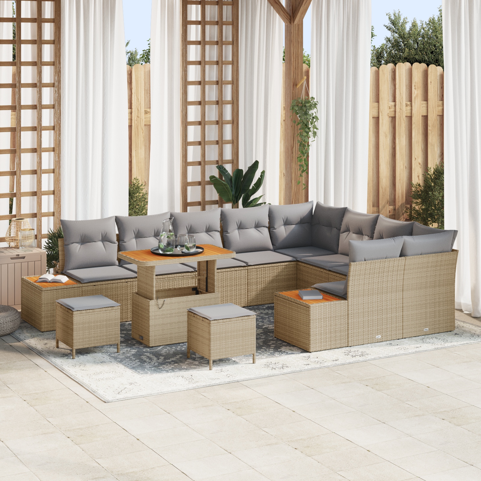 12 dalių sodo sofa komplektas su pagalvėmis smėlio poli ratanas akacija