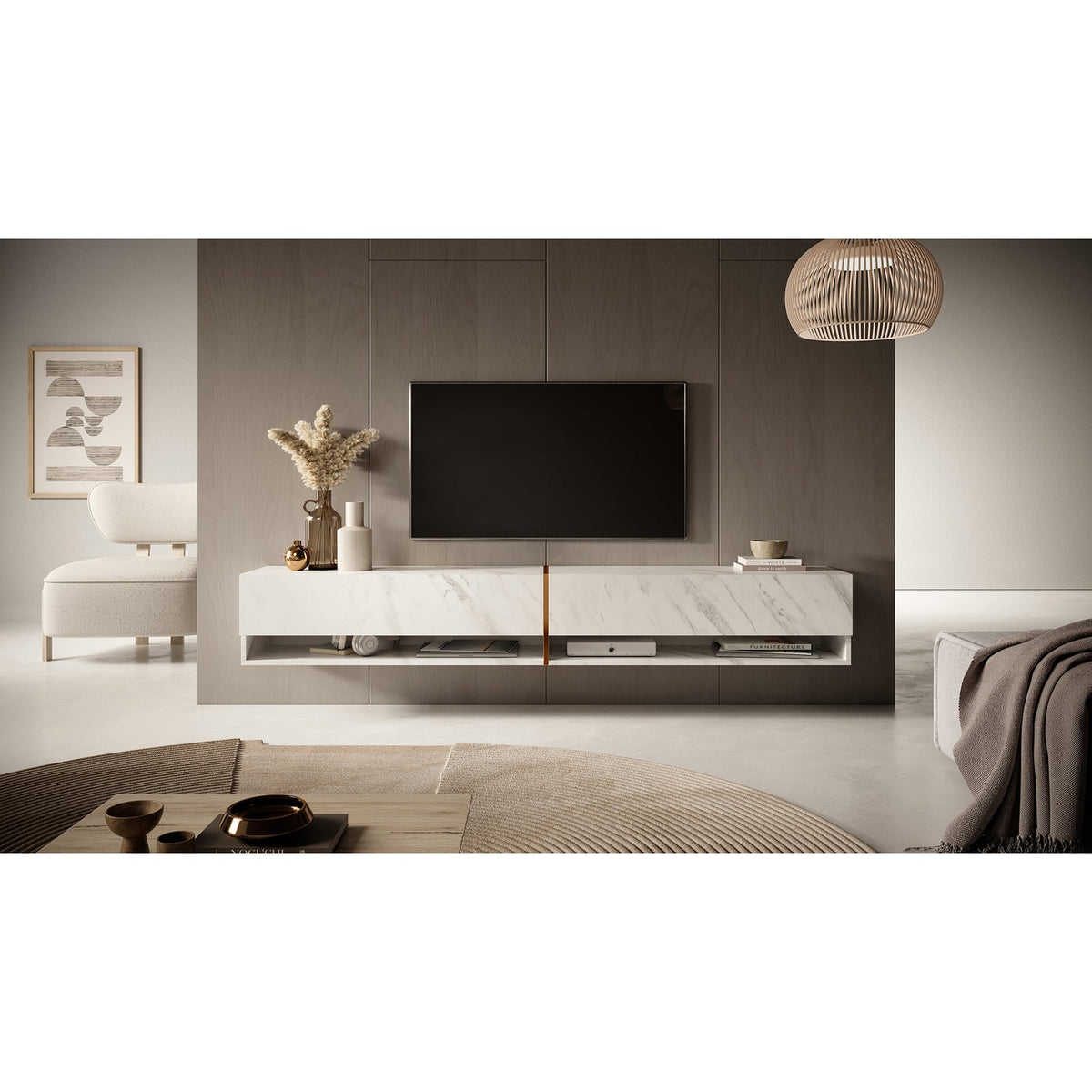TV spintelė FIONNA, 200 cm, balta
