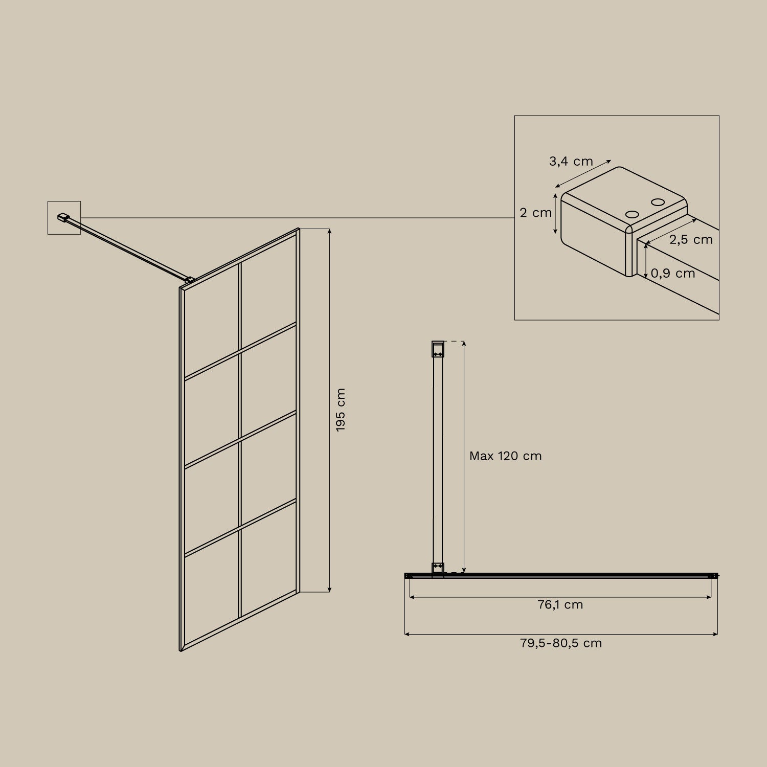 Fiksuota dušo sienelė TARUINO 80 cm, 8 mm grūdintas stiklas