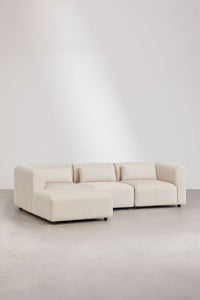 Kampinė sofa FOGLERA iš priekio, smėlio spalvos velvetas šenilo