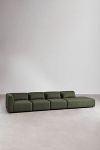 Modulinė sofa FOGLERA su dešiniuoju gultu, šalavijo žalios spalvos šenilas, 4 dalys