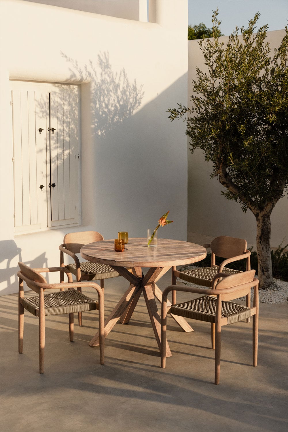 NAELE outdoor dining set, round, wheat brown