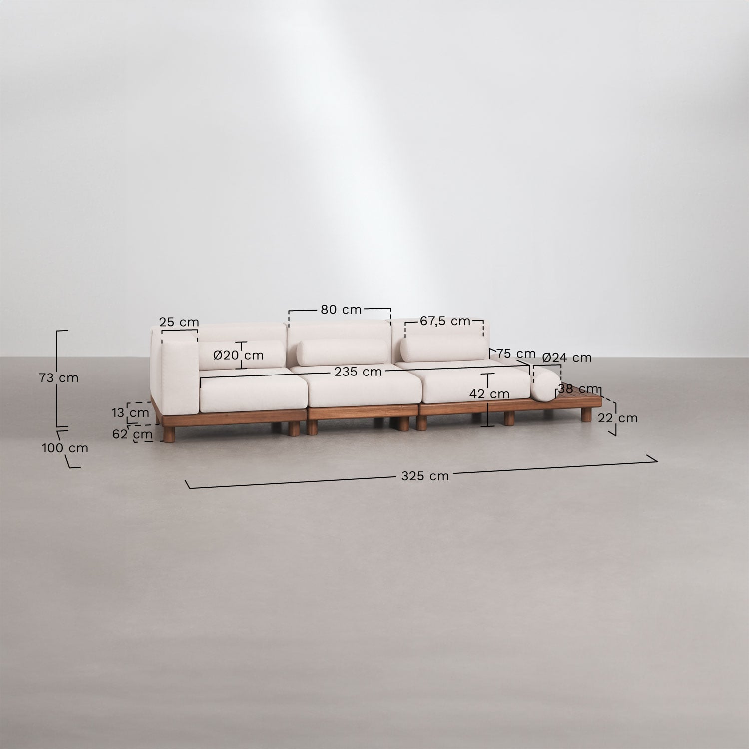 Trivietė modulinė lauko sofa KORKO su šoniniu staliuku, akacija